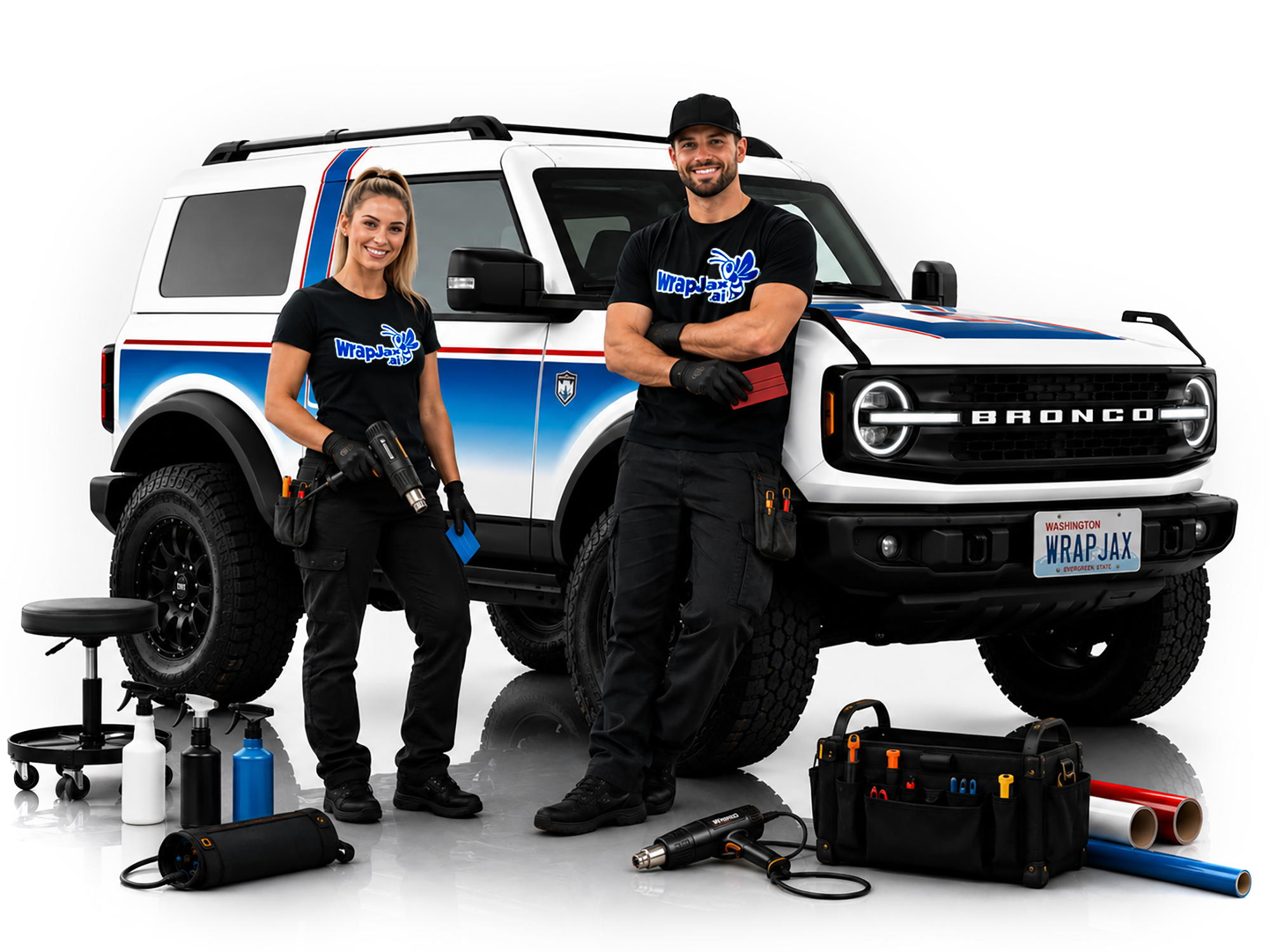 Two WrapJax installers with professional tools standing beside a custom wrapped Ford Bronco