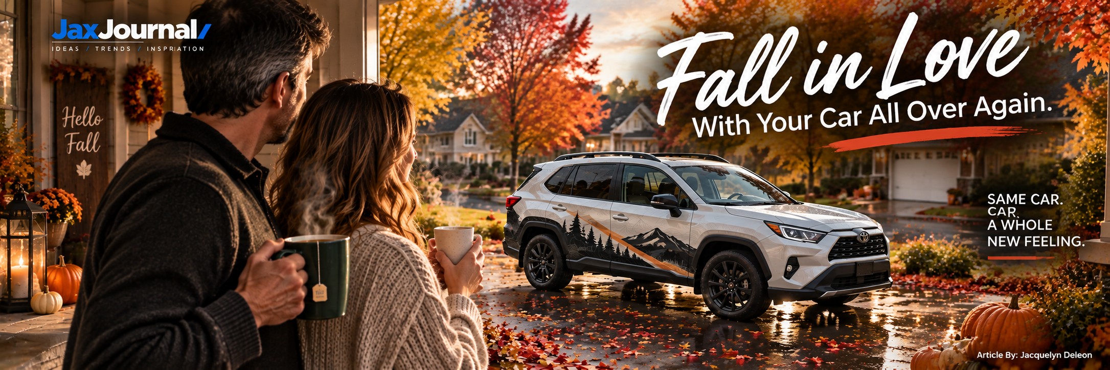 Couple standing on porch admiring partial wrap on car in driveway