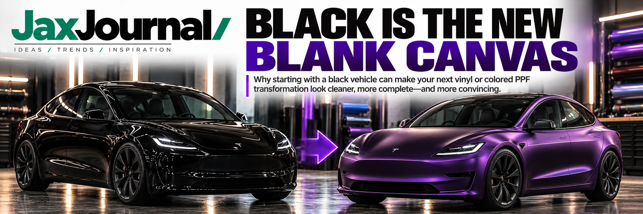 Black Tesla Model 3 and Satin Ultra Violet Wrap