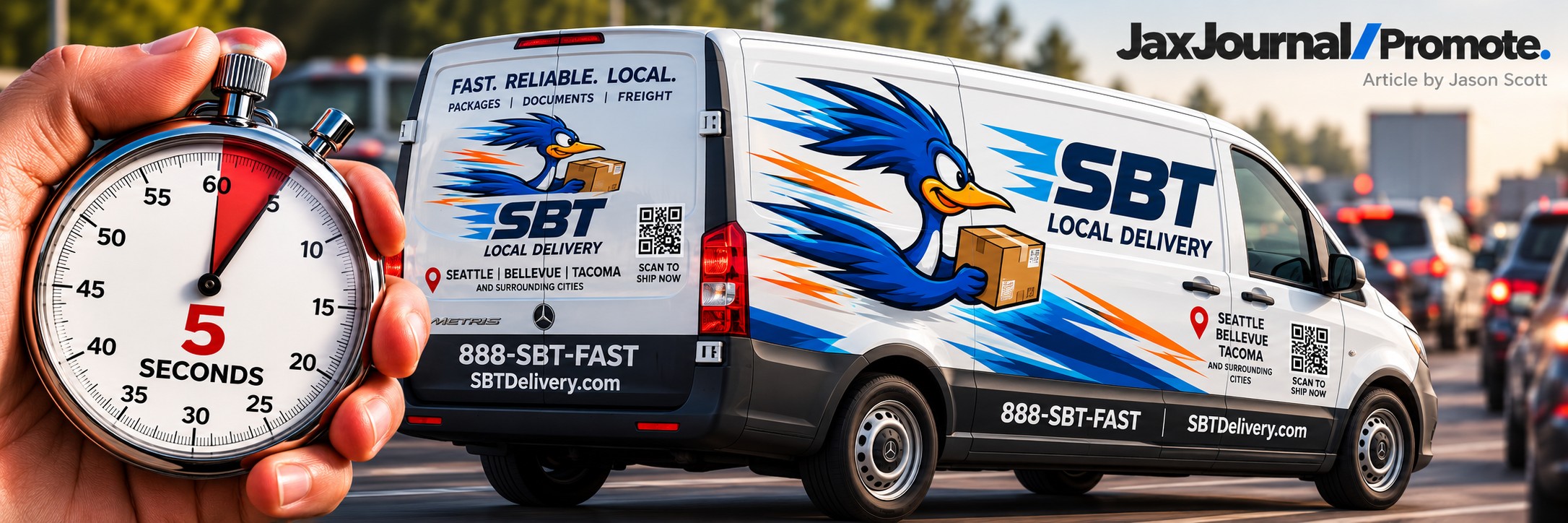 A wrapped van driving in traffic with a stop watch set at 5 seconds