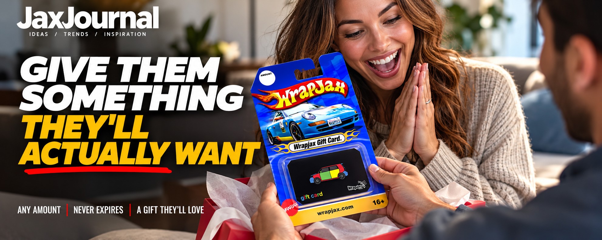 Woman giving WrapJax Gift Card to Husband