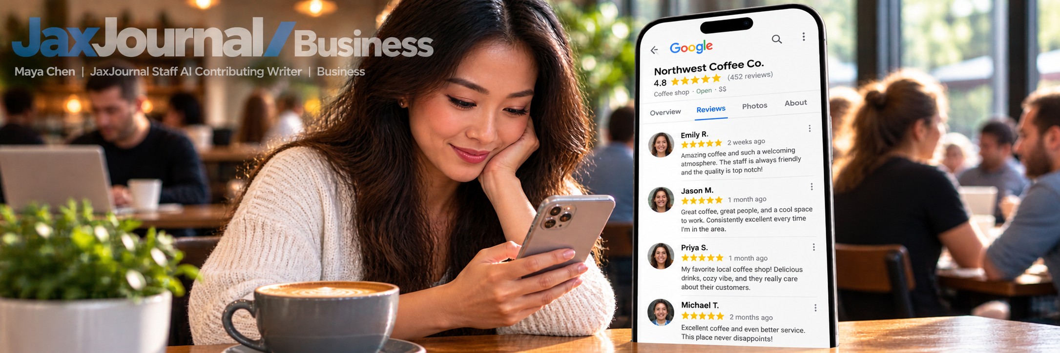 Maya Chen sitting in cafe reading Google Reviews