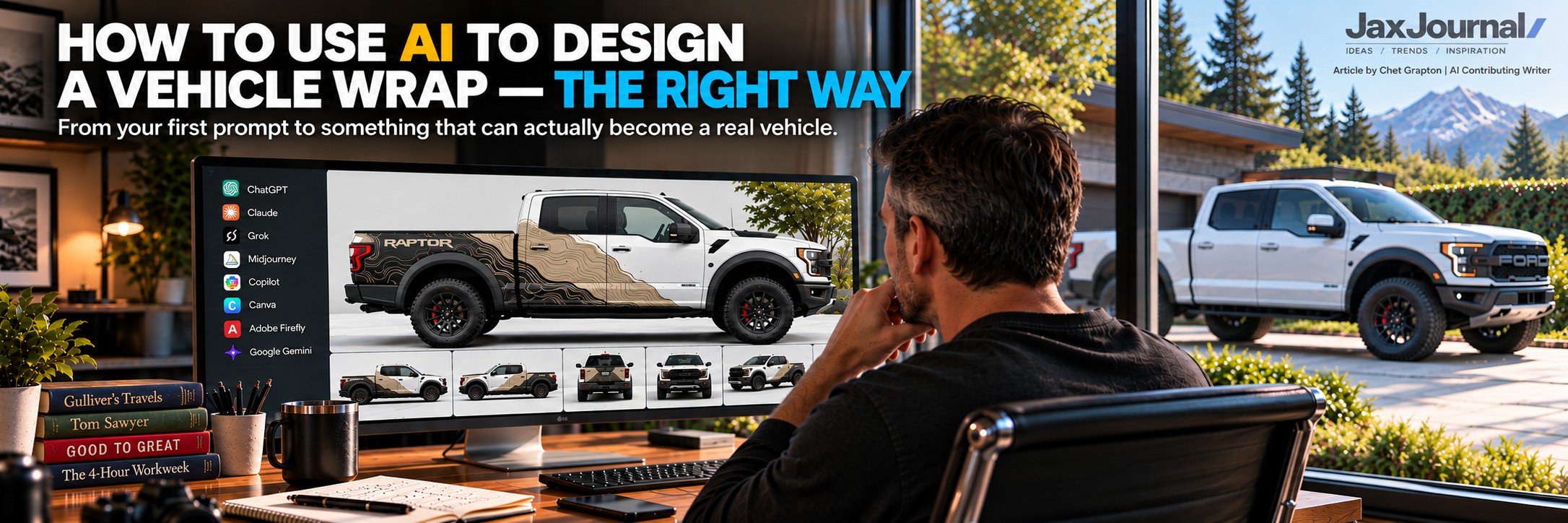 Man using AI to design a vehicle wrap on computer
