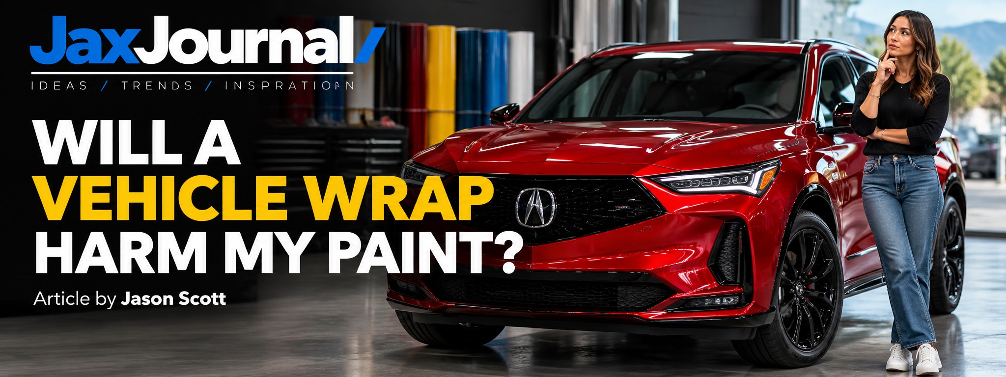 Woman standing by her car asking whether a wrap will harm her paint