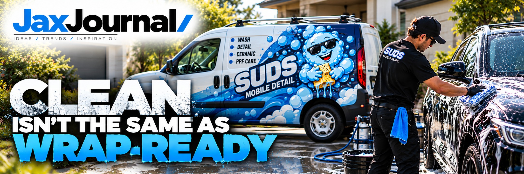 Mobile Detailer washing vehicle in driveway